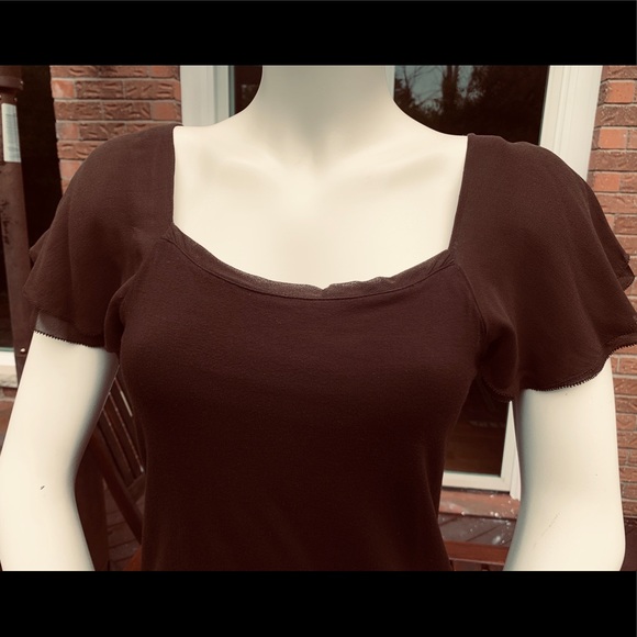 Lauren Raplh Lauren brown Rayon blouse top W Brown Sheer Flare Cap Sleeves US M - Picture 3 of 8